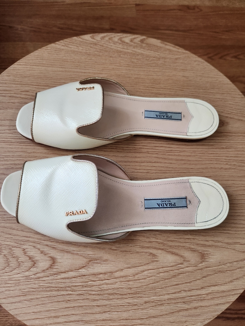 PRADA Ivory Saffiano Patent Leather Flat Slides - Picture 2 of 4